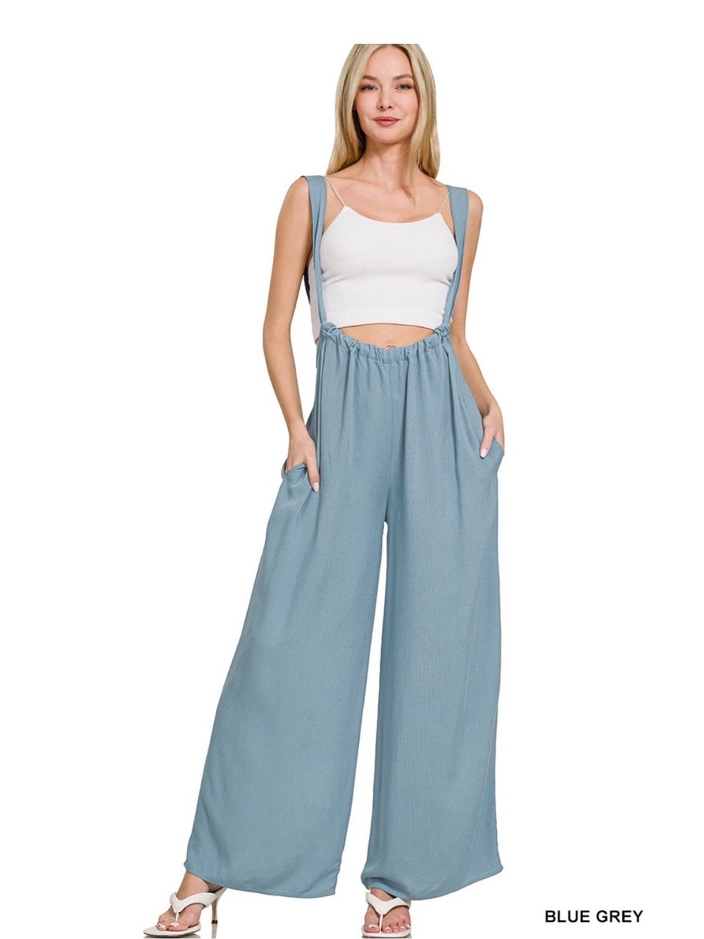 Zenana Wide-Leg Suspender Jumpsuit - Blue grey size Small